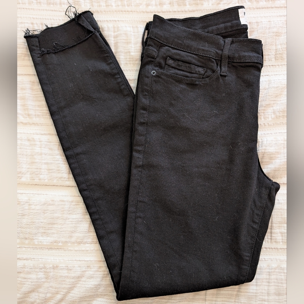Frame Denim Black Le Skinny de Jeanne Women Raw Stagger Hem Jeans